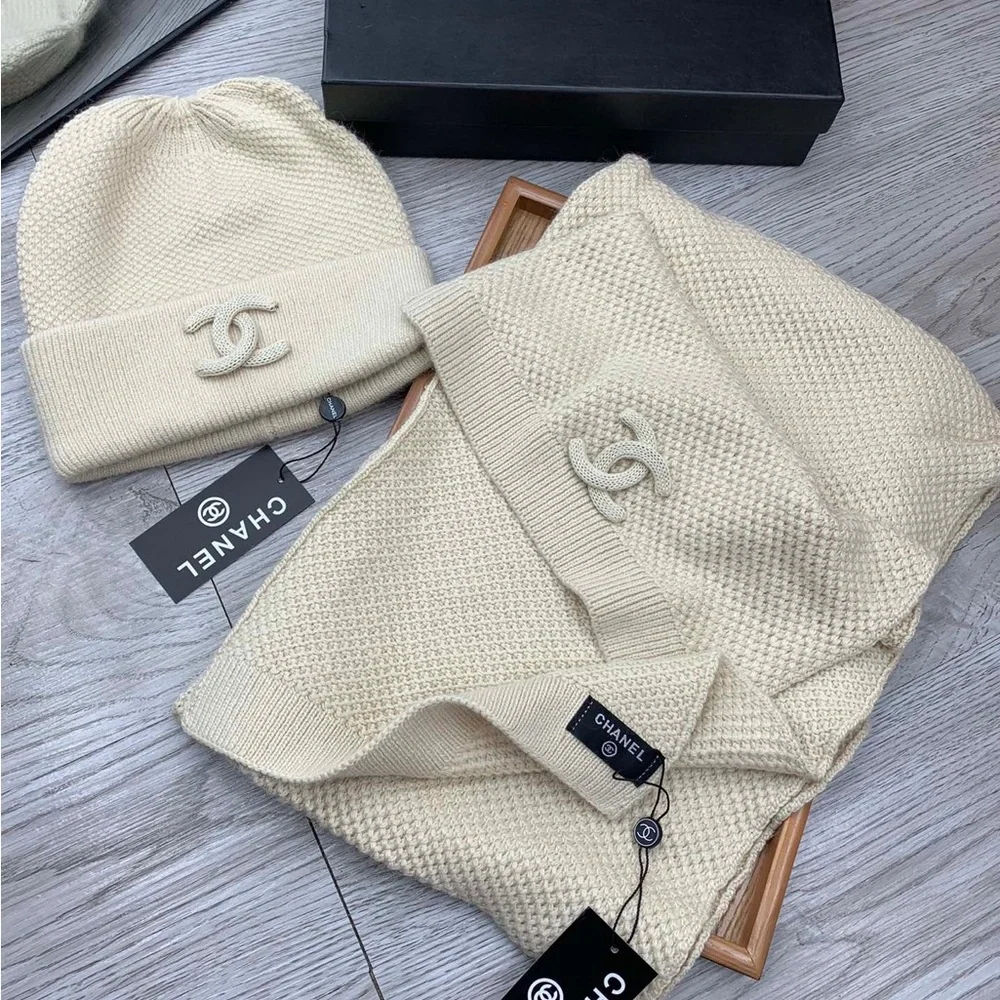 Chanel Cream Knit Beanie & Scarf Set